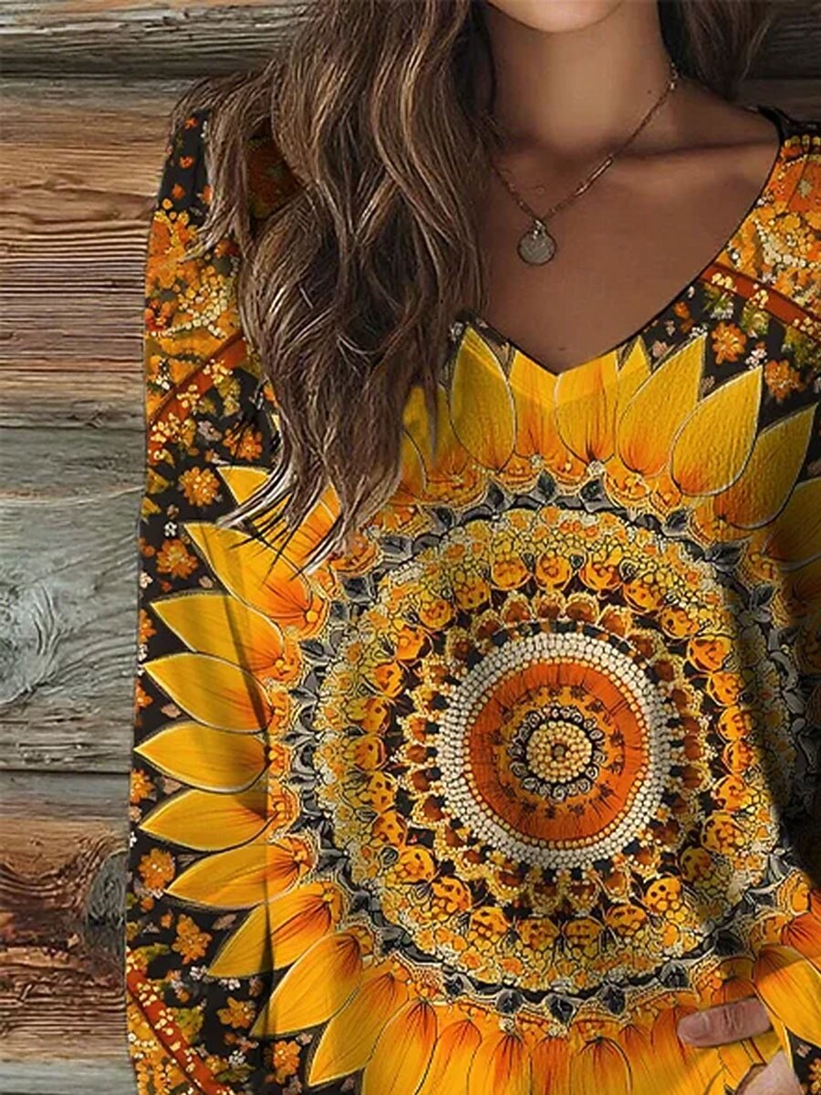 Vrouwen Boho T Shirt Graphic Tribaal Vintage Stijlvol Casual Lange Mouwen V-Hals Reguliere Tops Dagelijkse Print Geel Lente Herfst 2026 - $24.99 –P2