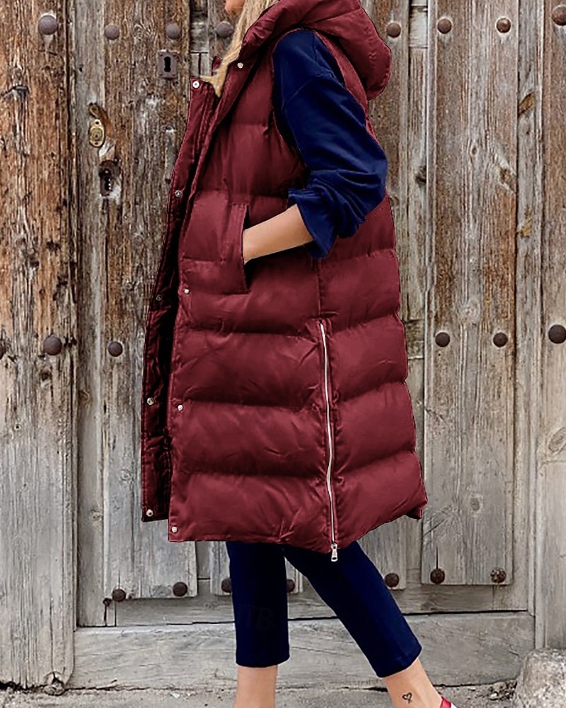 Women's Winter Coat Down Jacket Vest Warm Comfortable Pocket Buttons Casual Plain Vacation Daily Wear Going out Weekend Long Hooded Regular Fit Sleeveless Outerwear Black Wine Khaki Fall Winter 2025 - $54.99 –P2