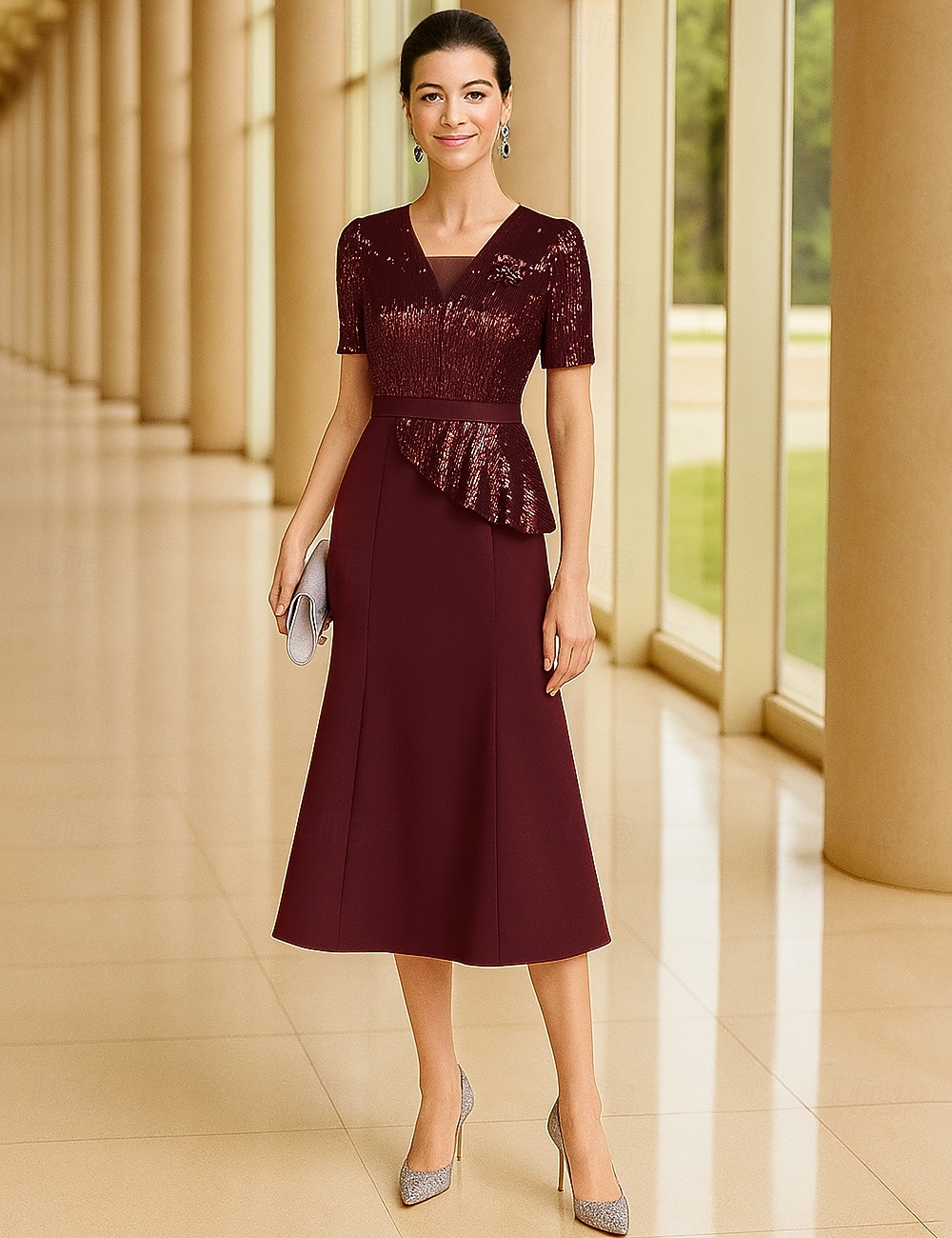 Meerjungfrauenschnitt Knöchellänge Partykleid Cocktailkleid Kurzarm V Ausschnitt Elegant Formell Baumwollmischung Polyester Brautmutterkleid mit Farbblock 2025 - $154.99 –P6