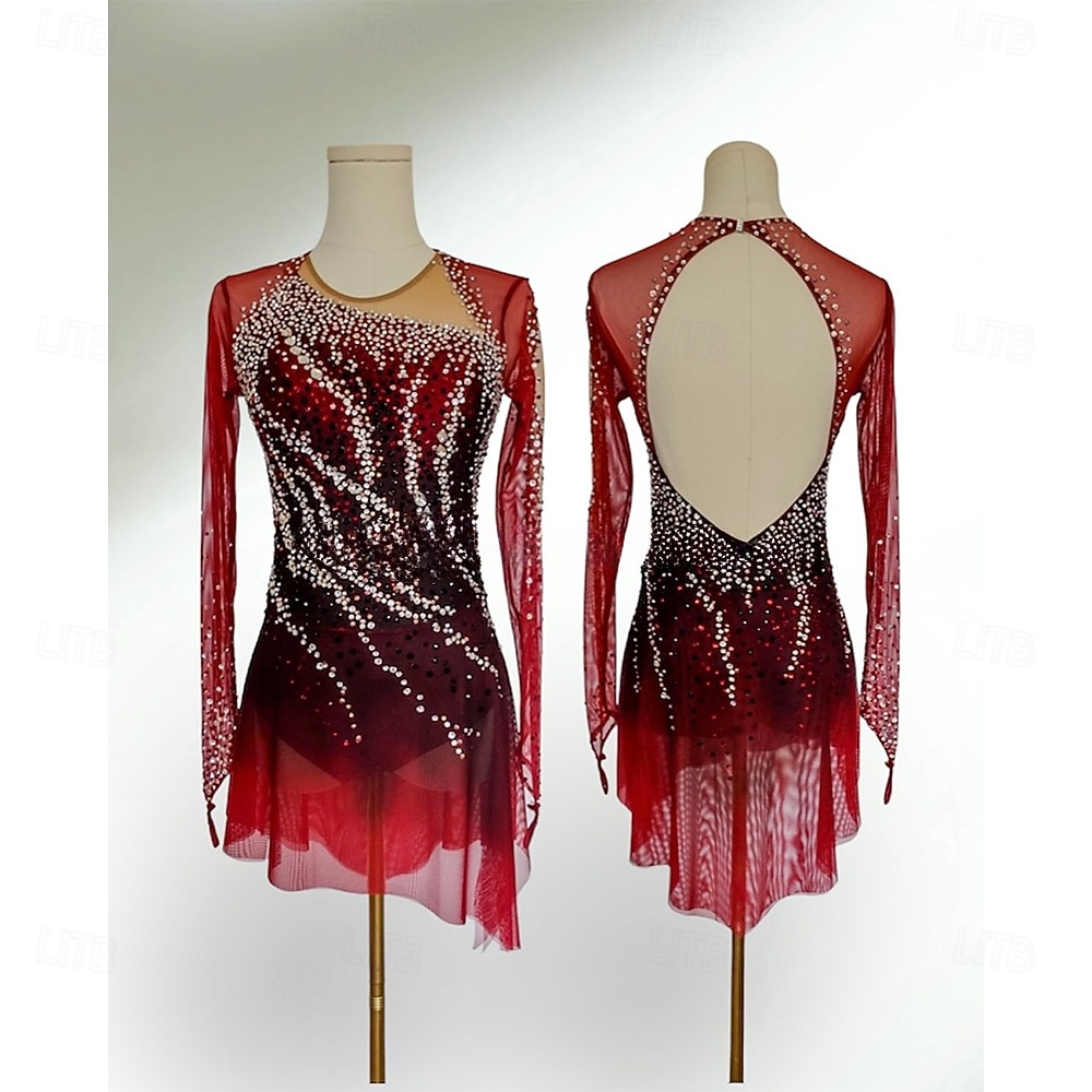 Vestidos para Patinação Artística Mulheres Para Meninas Patinação no Gelo Vestidos Vermelho Patchwork Thumbhole Elastano Com Transparência Elasticidade Alta Treino Competição Roupa para Patinação de 2026 por $337.69 –P1