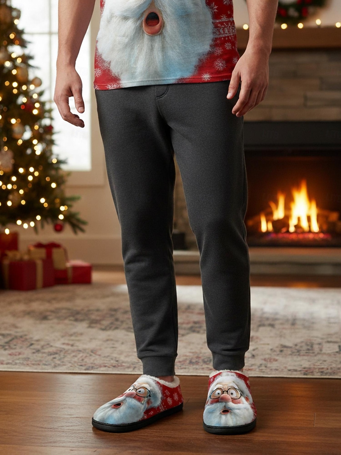 Herren-Fleece-Hausschuhe mit Weihnachtsmann-Aufdruck, lustige Hausschuhe mit Weihnachts-Cartoon, warme Plüsch-Hausschuhe, perfekt für den Winterurlaub und zum Verschenken 2026 - $26.99 –P3
