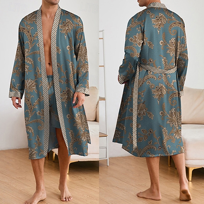 Homme Pyjamas Robe en soie Vêtements de Nuit Robe de bain 1 Pièce Impressions Graphiques Mode Élégant Classique Quotidien Maison Lit Polyester Confort Doux Col en V manche longue Ceinture Incluse de 2026 ? $45.99 –P4