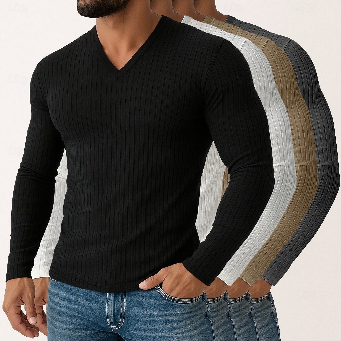 Miesten T-paita Ribbineulos T-paita Pitkähihainen paita Pitkähihainen V kaula-aukko Kevät Syksy Talvi Tavallinen Pit Strip Muoti Suunnittelija Perus 4-osainen Monipakkaus Loma Katu Kausaliteetti 8 2025 - $61.99 –P4