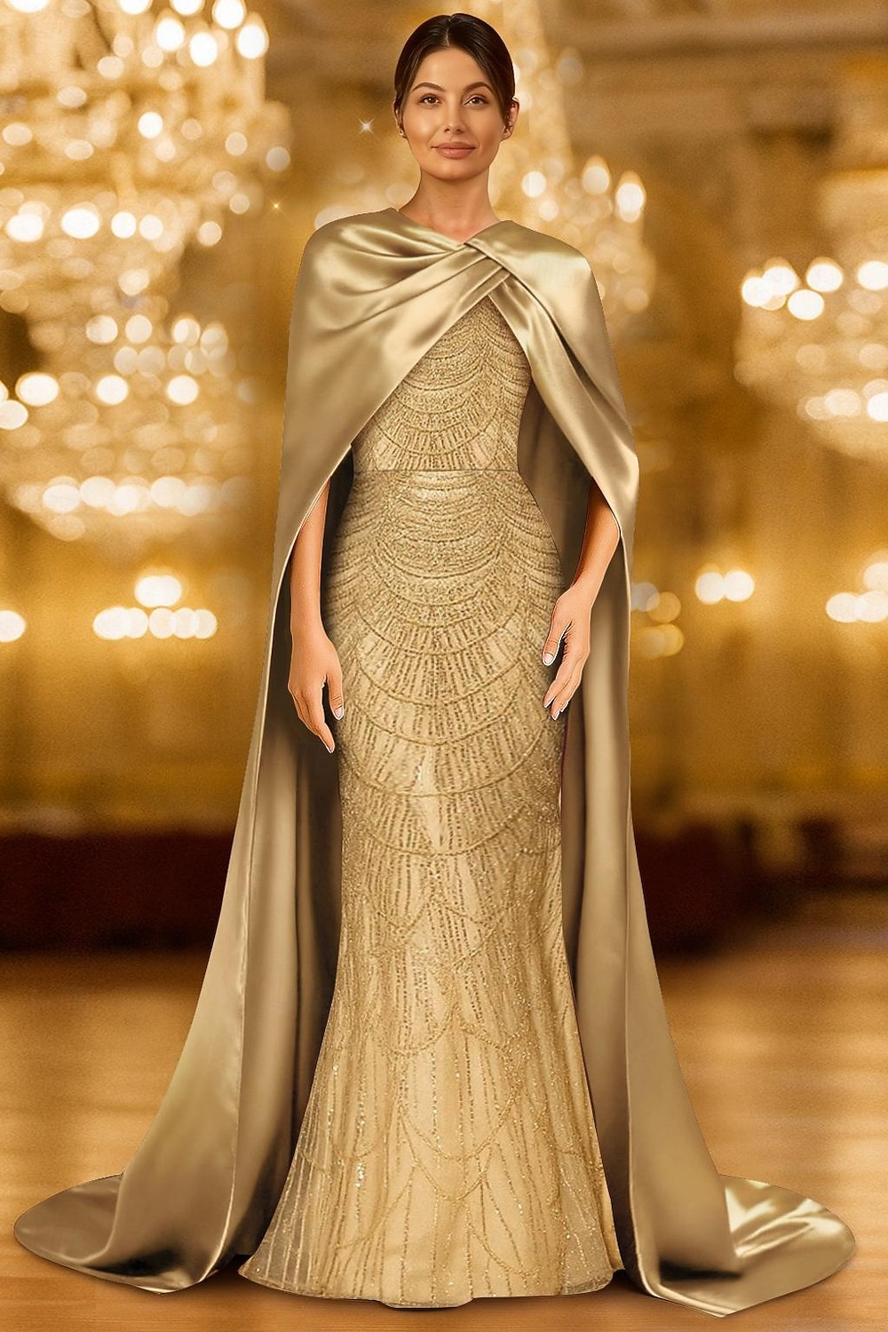 Schlauchkleid Bodenlang Ballkleid mit Cape Abendkleid Festliche Kleidung Elegant Vintage Glitzernd Ärmellos Rundhalsausschnitt Formell Hochzeit Champagnerfarbenes Brautmutterkleid Satin 2025 - $169.99 –P1