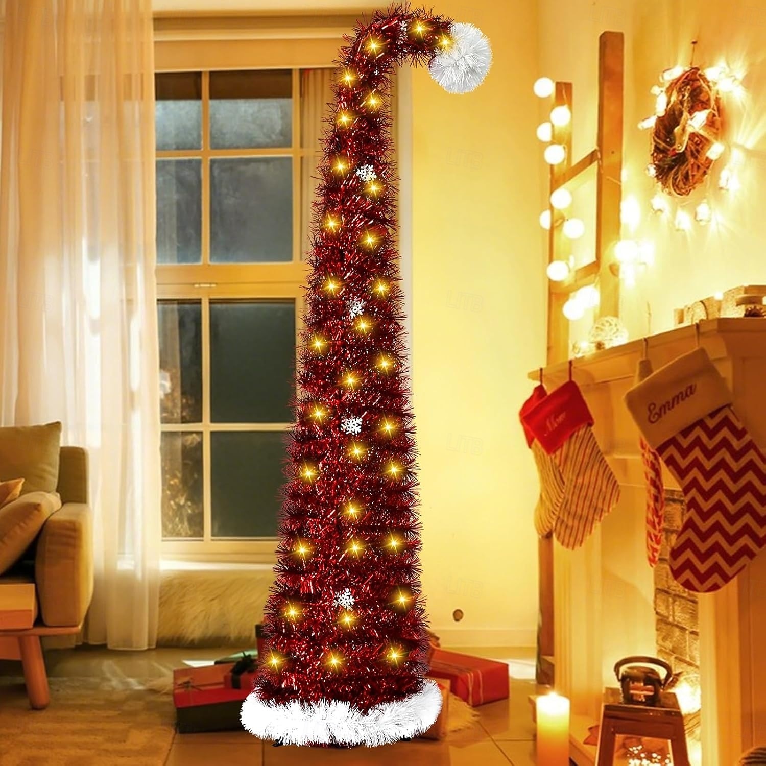Christmas red Christmas hat tilted head Christmas tree 5M 50Leds warm light string indoor living room study staircase holiday atmosphere decoration prop 1.5M/5FT AAA battery box 2025 - CAD $46.99 –P4