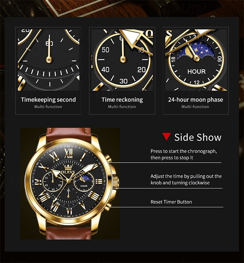 The New Olevs Brand Men'S Business Watch With Luminous Small Three Hands Moon Phase Display Multi-Functional Chronograph Three-Eye Casual Waterproof And Fashionable Quartz Watch Men'S Sports Wrist 2025 - $28.99 –P5