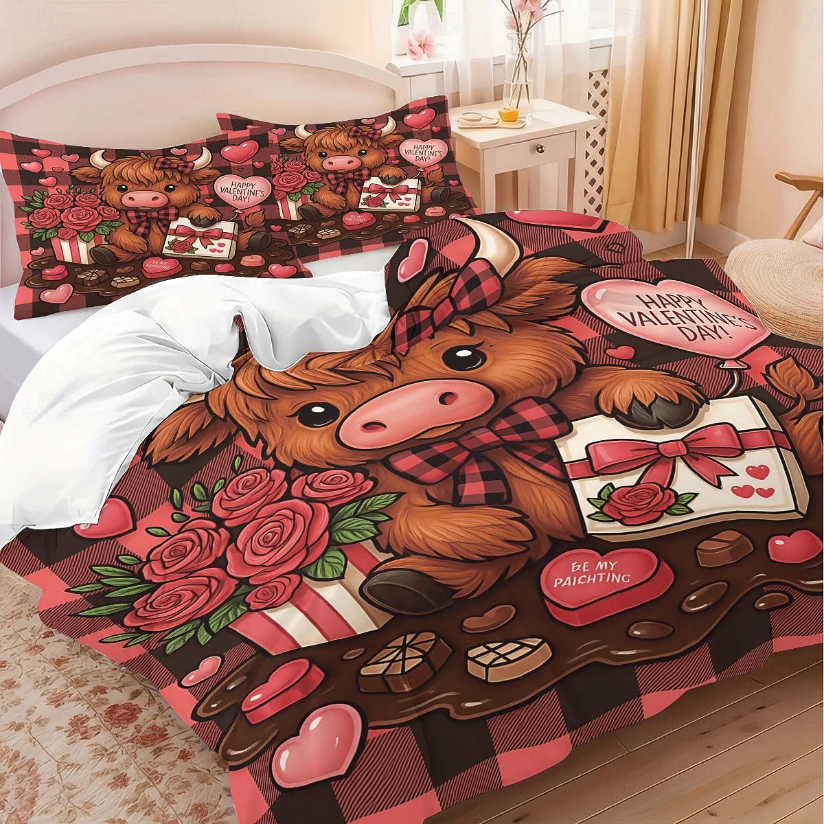 Conjunto de capa de edredom de 3 peças com estampa de vaca das terras altas e flores fofas para cama grande, capa de edredom curta e macia com 2 fronhas – roupa de cama para quarto de hotel, de 2025 por $33.99 –P8
