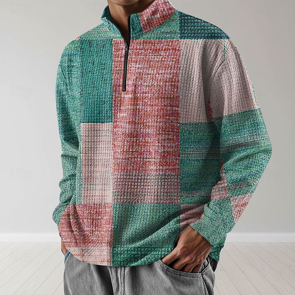 Men's Plaid Sweatshirt Fashion Daily Classic Casual Long Sleeve Stand Collar Quarter Zip Outdoor Home Office Work Blue Purple Green Zip Up Fall Winter Designer S M L XL XXL XXXL 2026 - $28.99 –P2