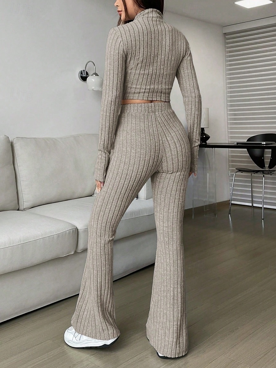 Women's Pants Sets Bolero Top Long Sleeve Shirt Collar Solid Color Zipper Fashion Streetwear Casual Daily Outdoor Black Wine Camel Spring Slim 2026 - $32.99 –P5
