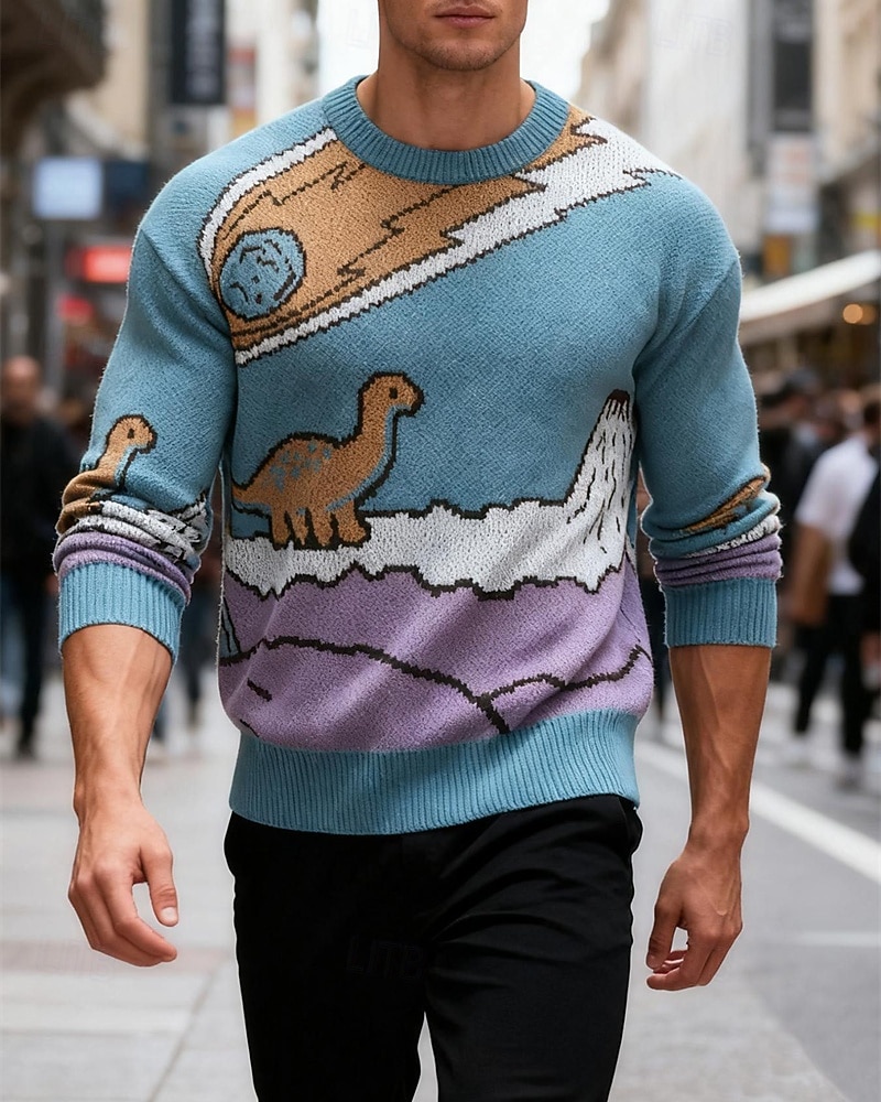 Herre Pullover genser Strikket genser Riflet Strikke Vanlige topper Strikket Dinosaur Crew-hals Mote Grunnleggende Feriereise Dagligdagstøy Klær Høst Vinter Lyseblå S M L 2026 - $36.99 –P5
