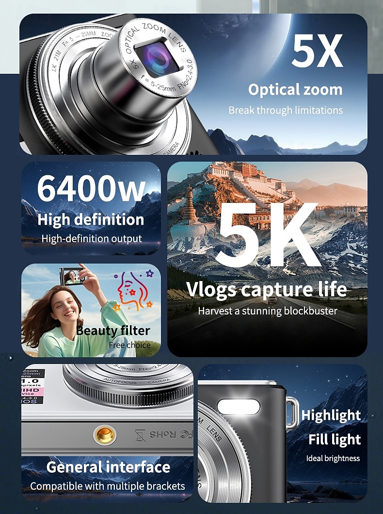 Uusi 4k fhd -digikamera 64 gigatavun muistikortilla vuodelta 2025, kompakti, pieni ja edullinen ladattava valokuvauskamera, 64 megapikselin automaattitarkennuskamera, erittäin sopiva aloitteleville 2026 - $117.99 –P3