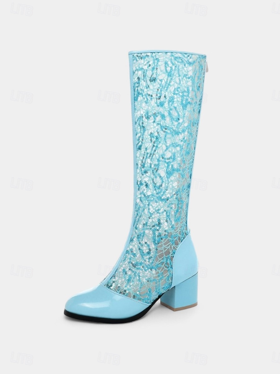stivali da donna a metà polpaccio con pizzo blu e tacco a blocco - eleganti stivali vintage retrò in rete per matrimoni, feste &costumi cosplay del 2026 a $64.99 –P6