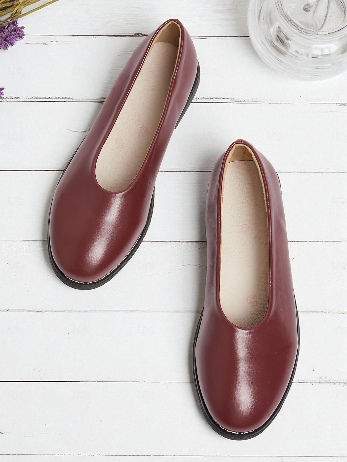 Women's Burgundy Faux Leather Round Toe Flats with Low Heel, Comfortable Casual Dress Shoes for Work, Office & Everyday Wear 2025 - $26.99 –P1