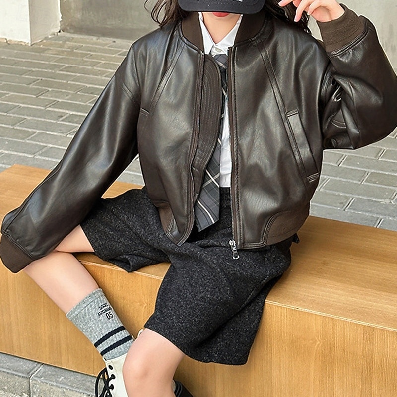 Bambini Ragazze Giacca in pelle nera Giacca di pelle Tinta unica Moda Cerniera Tasca All'aperto Cappotto Capispalla 4-12 Anni Autunno Marrone del 2025 a $48.99 –P7