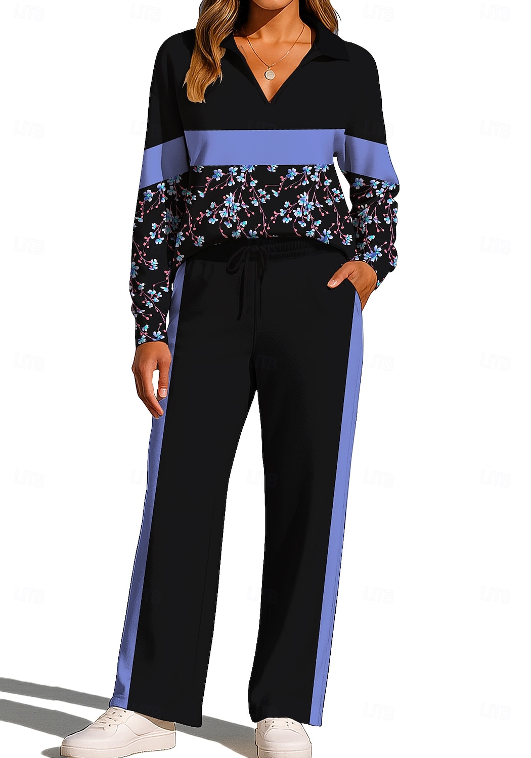 Women's Sweatshirt Tracksuit Sweatpants Drawstring Pocket Floral Jacket and Sweatpants Athletic Clothing Set Loungewear Summer Spring Fall Winter Blue / Black Violet Gym Workout Casual Workout 2026 - $44.99 –P5