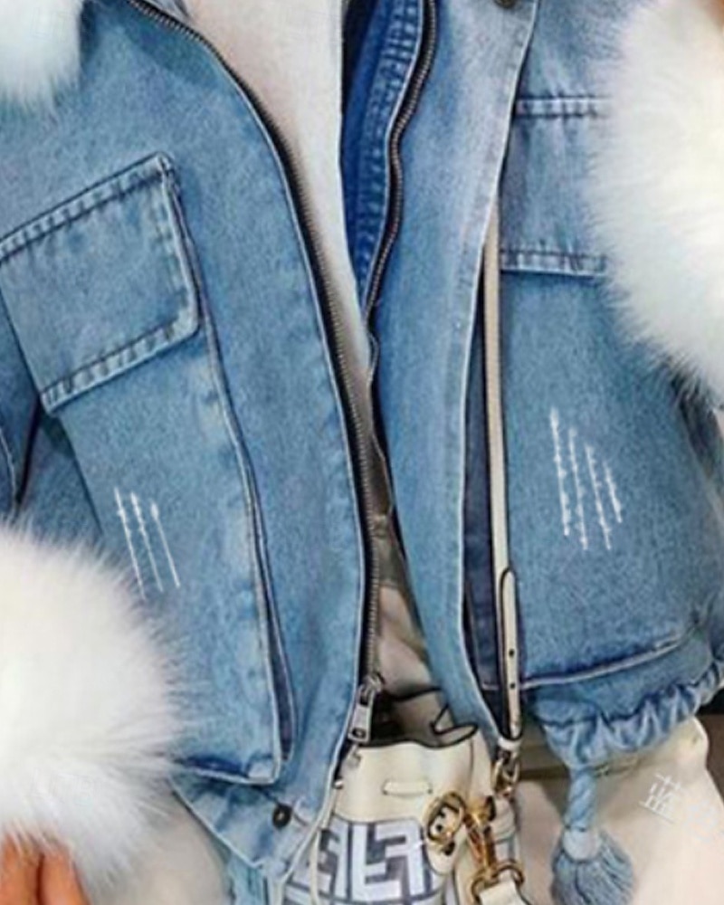 نسائي معطف شتوي جواكيت جينز الدفء مريح سحاب جيب Buttons طوق الفراء نشيط كاجوال سهل مناسب للبس اليومي مناسب للخارج عطلة نهاية الاسبوع قصيرة طوي فضفاض صالح كم طويل ملابس خارجية أسود أزرق الخريف الشتاء 2025 - $78.99 –P4