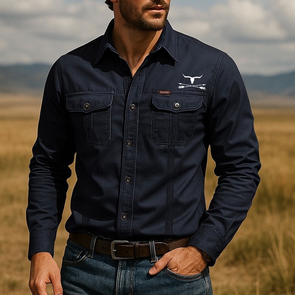 Herren Kuhmuster Arbeitshemd Westernhemd Cargohemd Langarm Taktisch Vintage-Retro Sport im Freien Arbeitskleidung Frühling Herbst Umlegekragen Zwei Fronttaschen Hemden mit Knopfleiste Armeegrün Khaki 2026 - $27.99 –P4