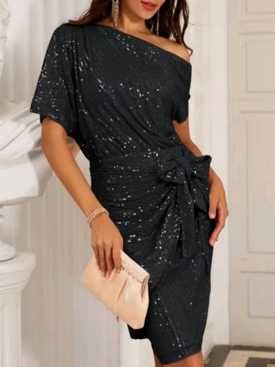 Per donna Mini Abito Tubino Elegante Festa cocktail All'aperto Feste Matrimonio Paillettes Taglia piccola Tinta unica Manica Corta Monospalla Nero Rosa Vino del 2026 a $41.99 –P2