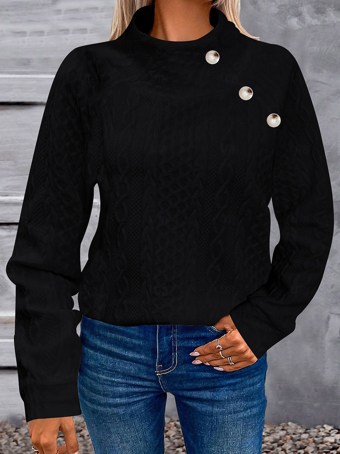 Hanorac elegant pentru femei, la modă, drăguț, culoare uni, guler înalt, nasturi, texturat, mânecă lungă, model obișnuit, topuri tricotate, exterior, acasă, lucru, negru, alb, primăvară, toamnă 2026 - $27.99 –P6