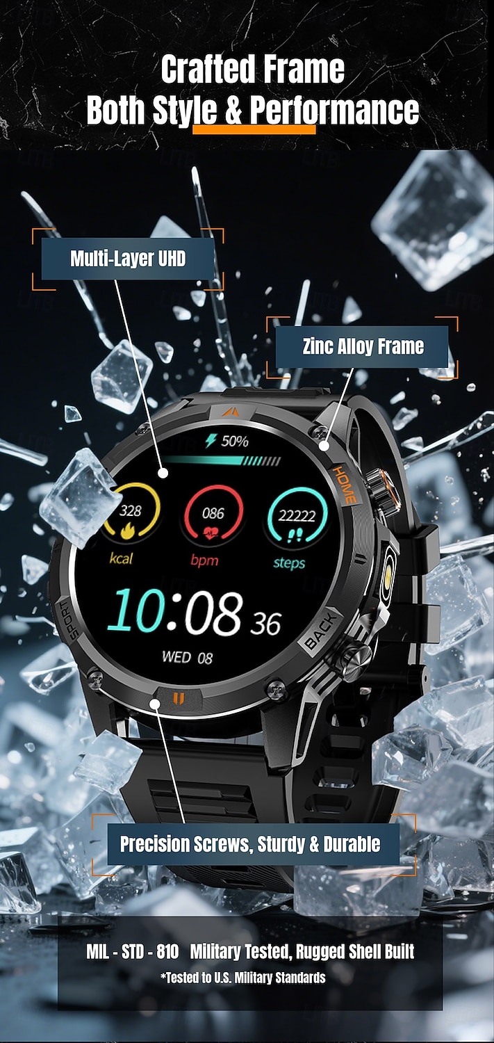 ساعة ذكية 2025 بنظام تحديد المواقع العالمي (GPS) بشاشة 1.46 بوصة مزودة ببوصلة ومصباح يدوي وبلوتوث ومكالمات وبطارية 580 مللي أمبير في الساعة ومقاومة للماء وتتبع اللياقة البدنية وساعة رياضية ذكية 2025 - $51.99 –P4