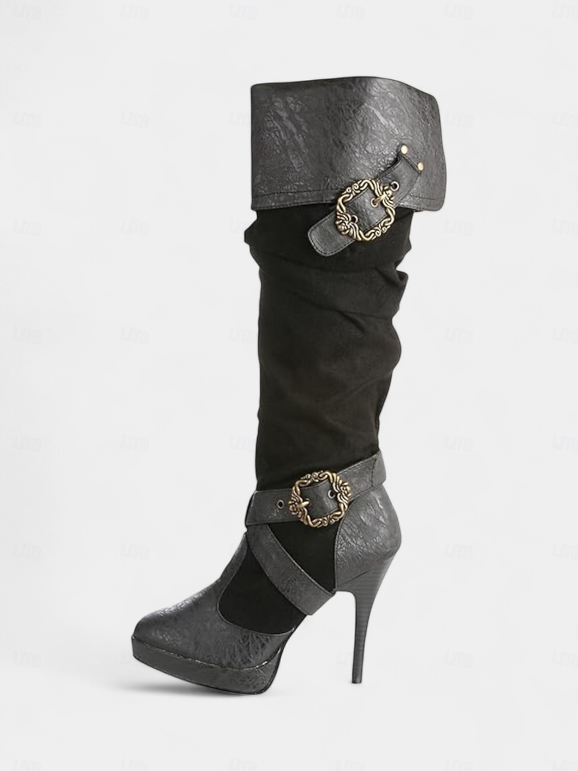 Botas medievales marrones por encima de la rodilla para mujer con tacones de aguja altos y diseño de correa con hebilla, botas de moda de estilo renacentista vintage para fiestas de disfraces, cosplay 2026 - $64.99 –P6