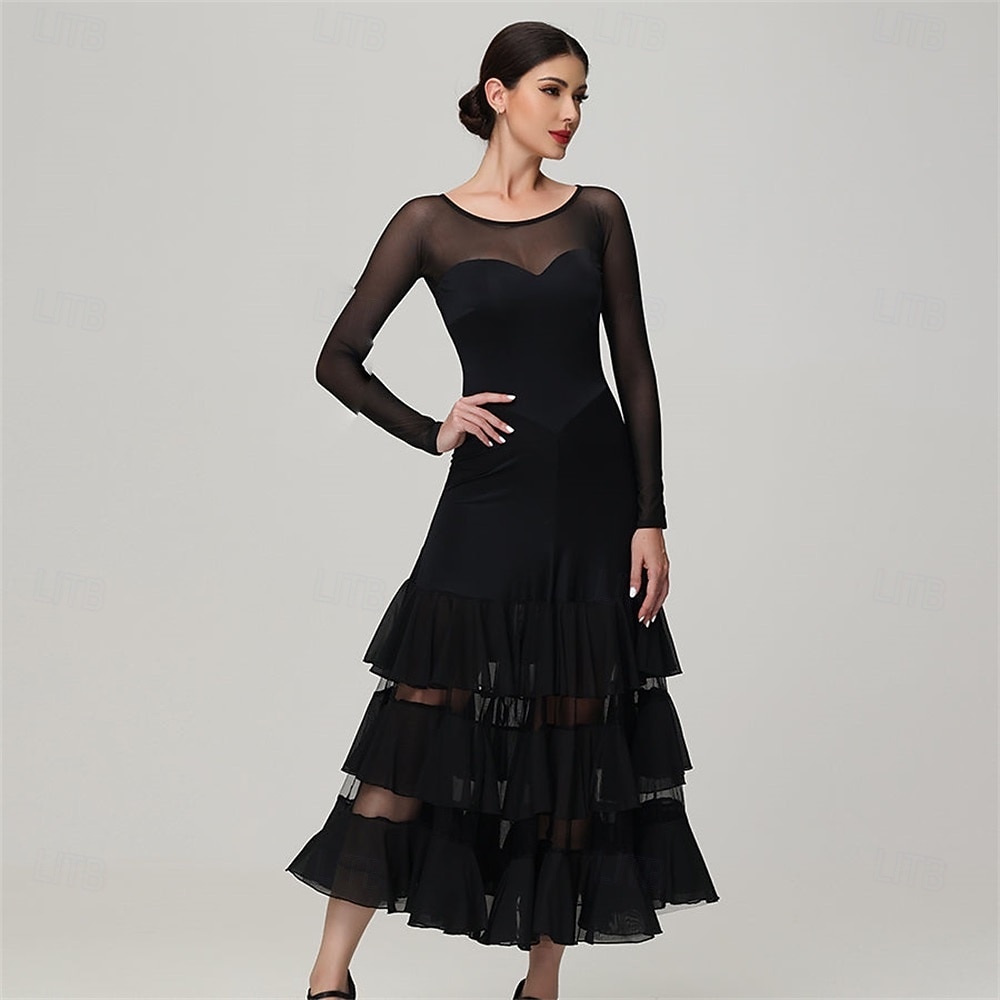 Women's Ballroom Dance Dress Layered Ruffle Mesh Long Sleeve Elegant Tango Waltz Foxtrot Competition Performance Gown – Black 2025 - $234.99 –P3
