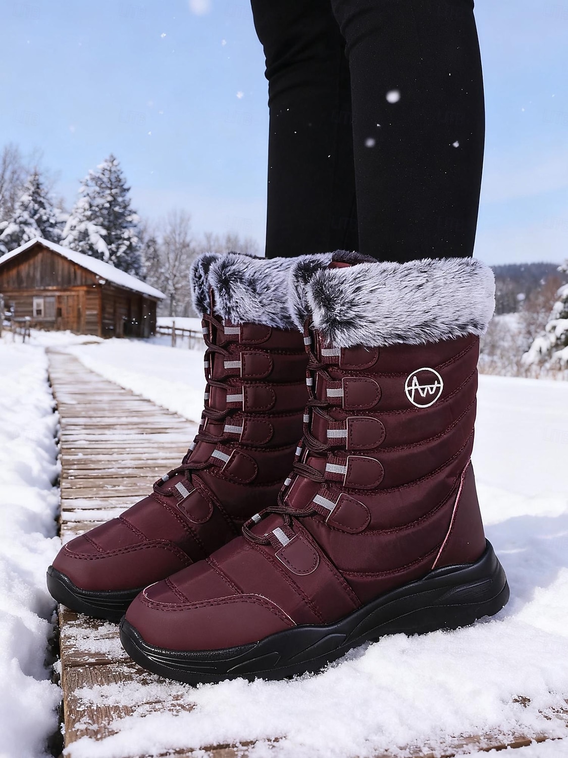 stivali da neve invernali da donna a metà polpaccio color bordeaux con finiture in pelliccia sintetica, stivali da esterno impermeabili e isolanti per escursionismo e sci &tempo freddo del 2026 a $46.99 –P2