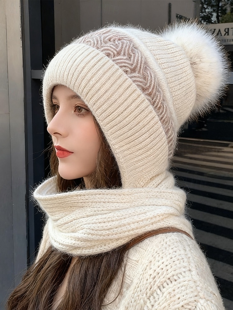 Dame vinterstrikklue-skjerfsett med pompong, fleecefôret 2-i-1-lue og halsvarmer, koselig og varmt utendørstilbehør for kaldt vær og julegaver 2026 - $11.99 –P3