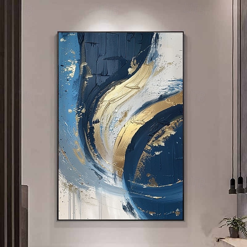 dipinto a olio fatto a mano su tela, decorazione artistica da parete astratta blu dorato per la casa, soggiorno, camera da letto, decorazione con cornice allungata, dipinto appeso/dipinto arrotolato del 2026 a $47.99 –P5