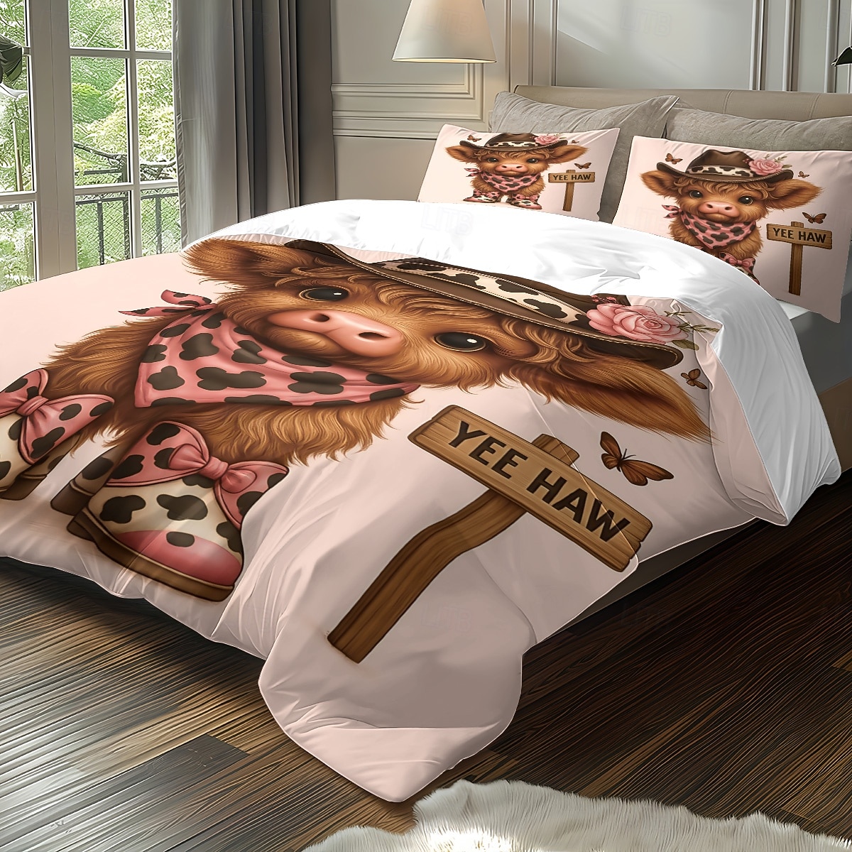 Conjunto de capa de edredom de 3 peças com estampa de vaca das terras altas e flores fofas para cama grande, capa de edredom curta e macia com 2 fronhas – roupa de cama para quarto de hotel, de 2025 por $33.99 –P2