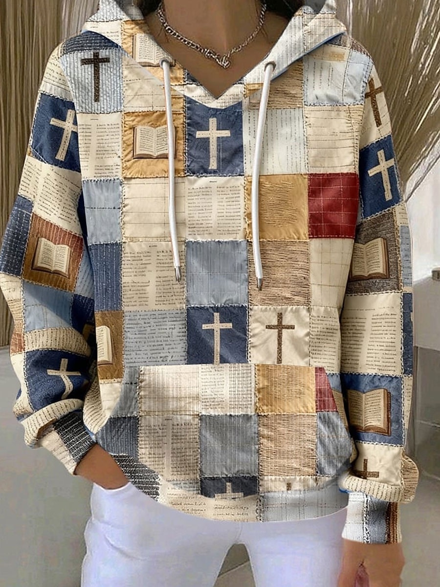 Women's Pullover Hoodie Sweatshirt Print Graphic Geometric Warm Vintage Casual Long Sleeve Hooded Regular Tops Casual Street Dailywear Beige Fall Winter 2026 - $28.99 –P1