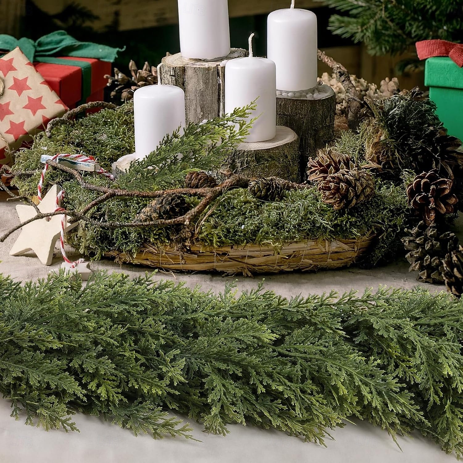 karácsonyi cédrus girland valósághű, puha vastagságú fenyővel, műzöld műcédrus fenyő girland kandallópárkányhoz beltéri és kültéri ünnepi parti lakberendezéshez 2025 - $17.99 –P4