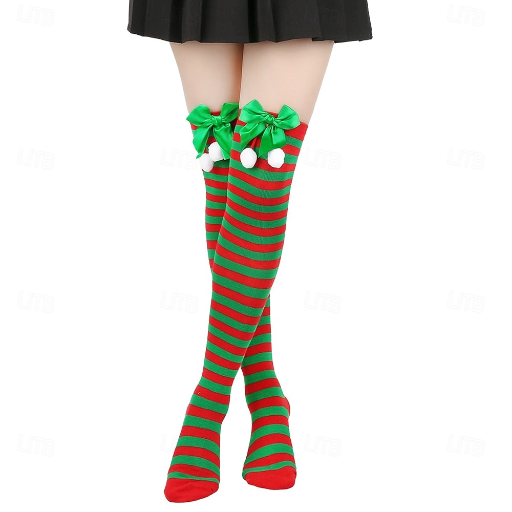 Dámské vánoční ponožky do stehen, sada 4 párů, pruhované &Jednobarevné červené sváteční punčochy s mašlemi a bambulkami, slavnostní ponožky nad kolena na zimní večírky &dárky 2026 - $18.99 –P6