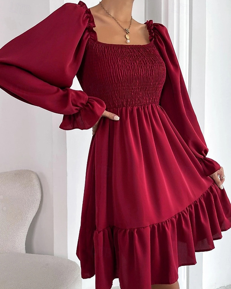 Damen Minikleid Schößchen Kleider Gerafftes Kleid Modern Outdoor Ferien Ausgehen Normale Passform Einfach Langarm Quadrathals Schwarz Wein Armeegrün Leicht Braun Frühling Herbst 2025 - $24.99 –P1