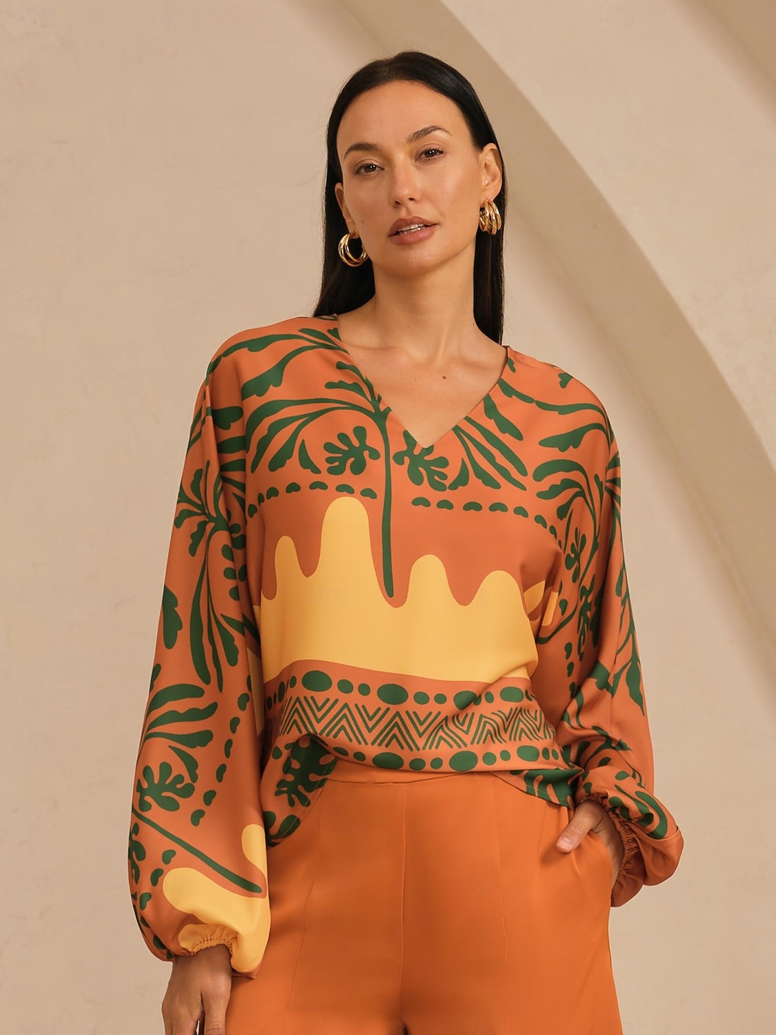 női bő szárú nadrág khaki szatén rugalmas derék rakott hawaii vakáció hétköznapi tavasz nyár ősz 2026 - $79.99 –P6