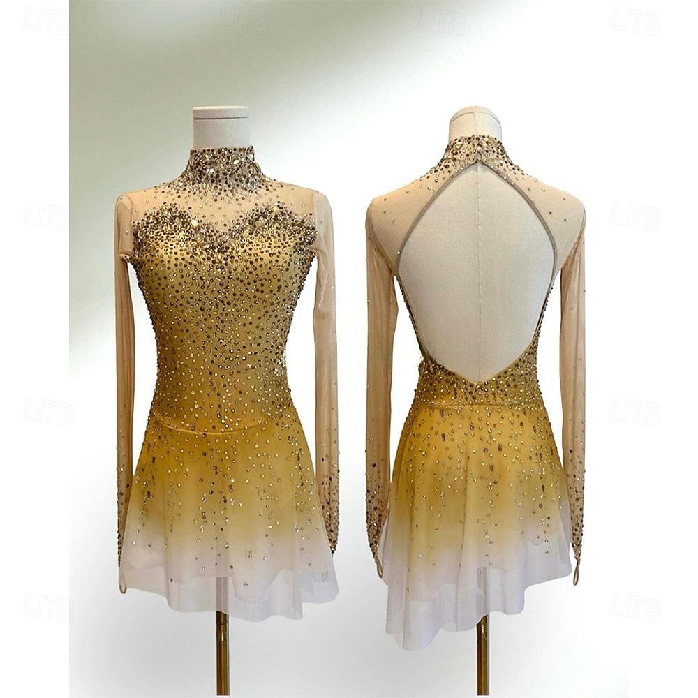 2026年 フィギュアスケート ドレス 女性用 女の子 アイススケート ドレス イエロー パッチワーク 指穴付き スパンデックス メッシュ 高弾性 訓練 競技大会 スケートウェア クラシック クリスタル・ラインストーン 長袖 アイススケート フィギュアスケート  コレクション – $321.39 –P1