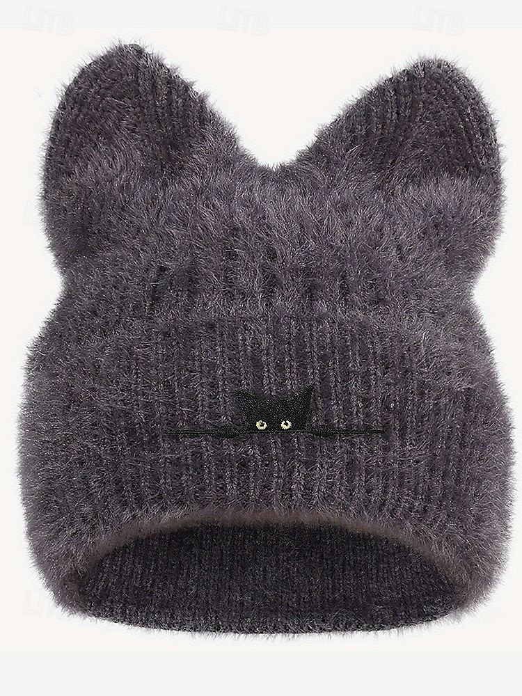 Женская пушистая вязаная шапка с кошачьими ушками, милая зимняя теплая шапка с вышивкой черного кота, стильный рождественский подарок для девочек и женщин 2026 - $14.99 –P6