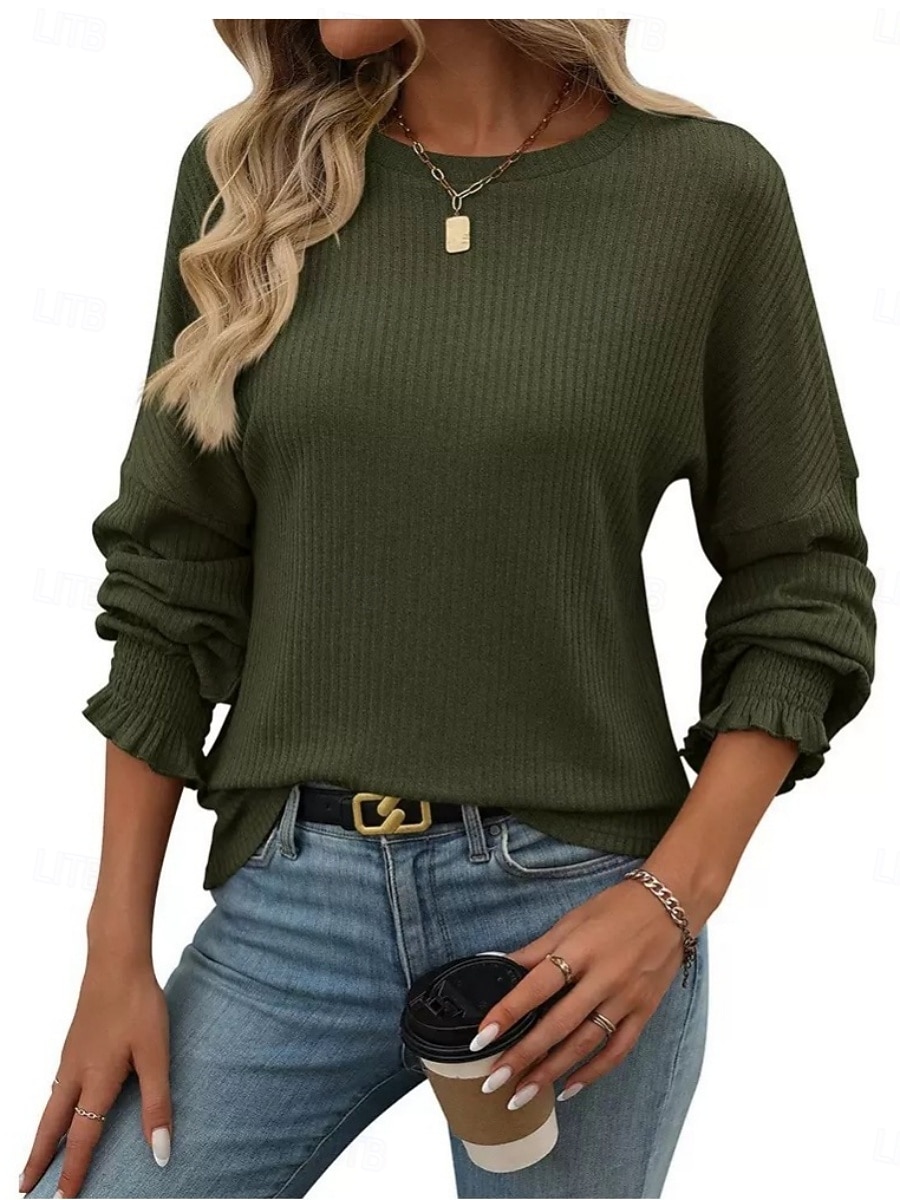 Per donna Blusa Arricciato Tinta unica Elegante Casual Manica Lunga Girocollo Top Regolari Quotidiano Nero Verde militare Marrone Verde Cachi Primavera Autunno Inverno del 2026 a $25.99 –P11