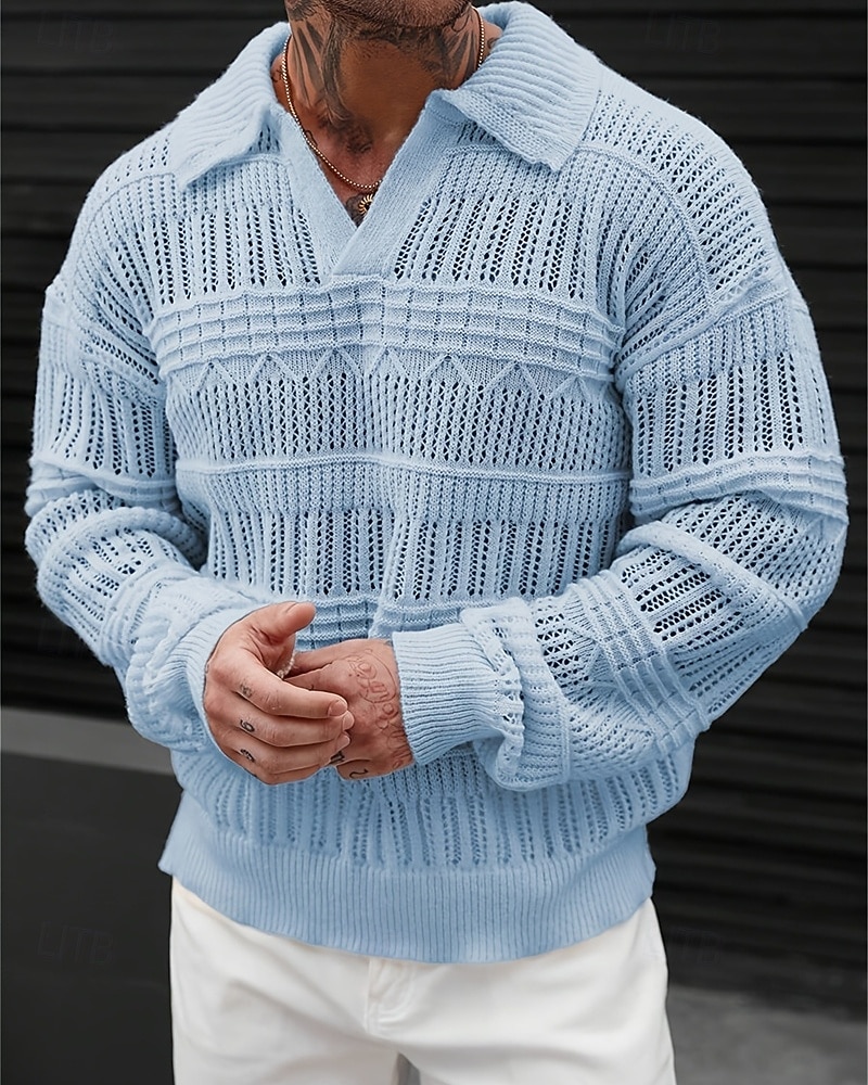 Herren Pullover Strickpullover Gerippt Stricken Normale Oberteile Gestrickt Einfach Revers Mode Basic Urlaub Alltagskleidung Bekleidung Herbst Winter Blau Grün S M L 2026 - $34.99 –P9