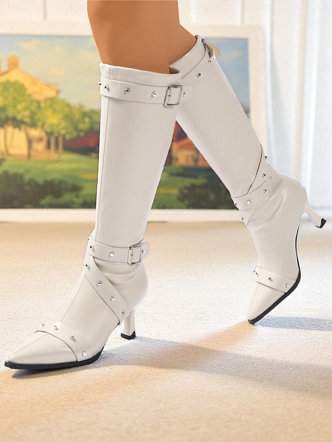 stivali neri alti fino al ginocchio da donna con cinturini con fibbia borchiata e punta affilata, stivali con tacco in stile punk gotico per le uscite serali &feste cosplay del 2026 a $54.99 –P2