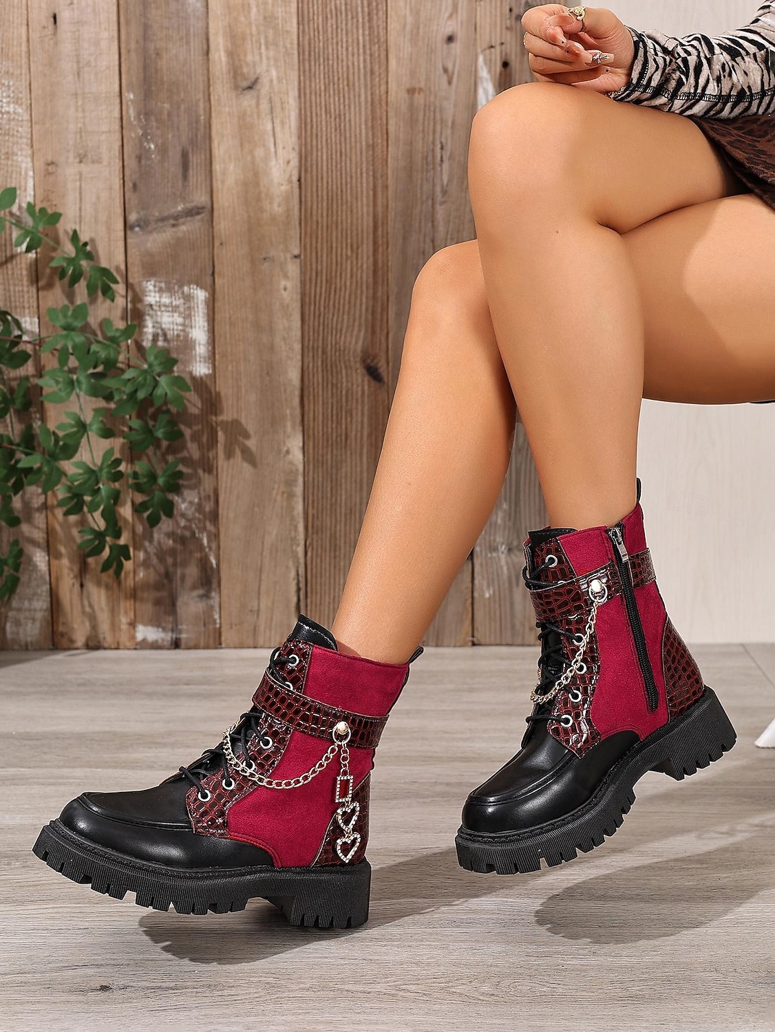 Модные армейские ботинки на массивном каблуке с цепочкой в форме сердца – бордовые и черные 2026 - $46.99 –P5