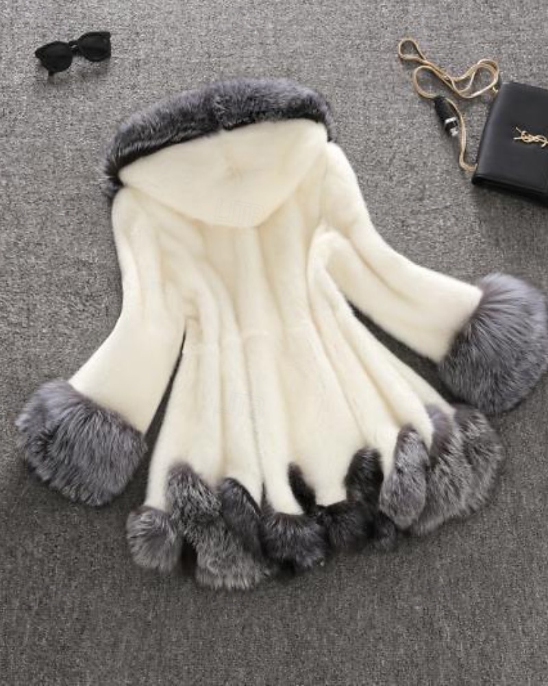 Dame Fuskepels Hold Varm Bekvem Lapper Lomme Knapper Pelskrage Mote Fargeblokk utendørs Feriereise Ferie Ut på byen Lang Med hette Normal Langermet Yttertøy Svart Hvit Høst Vinter 2026 - BHD 23.46 –P3
