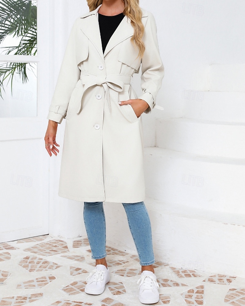 Dam Imitationsläderjacka Trenchcoat Bekväm Ficka Knappar Ledigt Slät Semester Dagliga kläder Utekväll Helgen Lång Nedvikt Normal Långärmad Ytterkläder Marin Svart Kamel Vår Höst 2025 - $68.99 –P2