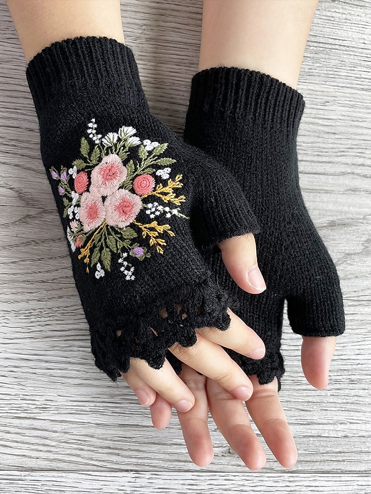 Dámské vánoční vyšívané rukavice – květinový vzor se včelami, materiál bavlněná příze, dostupné v několika barvách, ideální pro zimní svátky a slavnostní příležitosti 2026 - $18.99 –P1