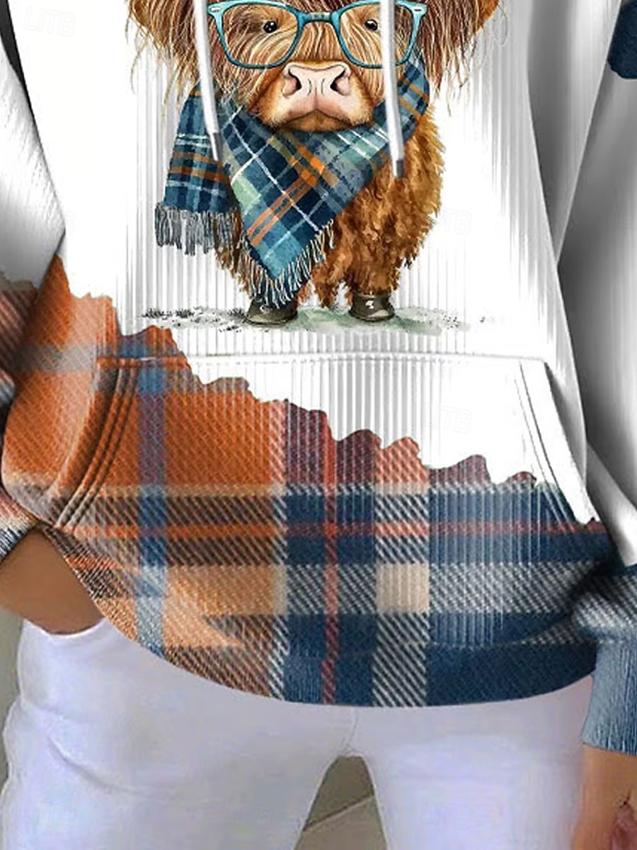 Damskie Bluza z kapturem i bluzą Nadruk Przednia kieszeń Graficzny Kratka Krowa List Aktywny Zabytkowe Długi rękaw Kaptur Zwykłe topy Codzienny Ulica Na co dzień Pomarańczowy Wiosna Jesień Zima 2026 - $28.99 –P3