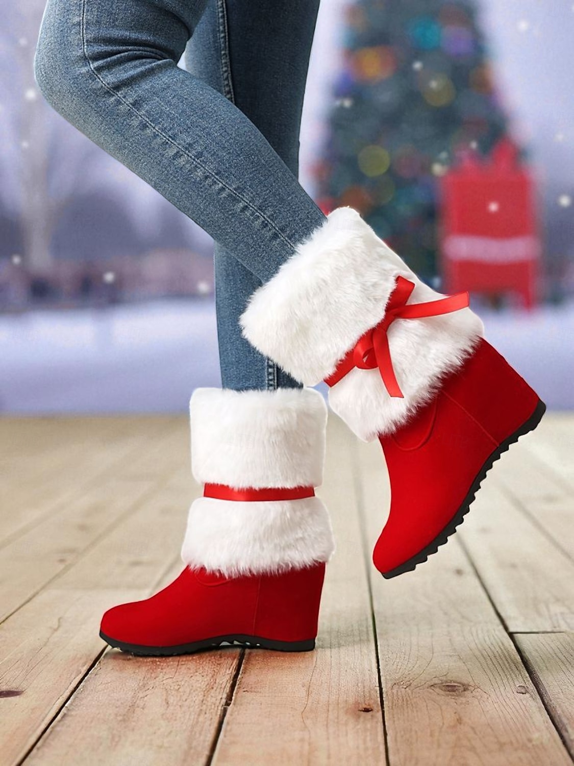 stivali da donna con zeppa foderati in pelliccia rossa e fiocco - comodi stivali invernali per feste, Natale, uscite informali e abbigliamento per il freddo del 2026 a $59.99 –P5