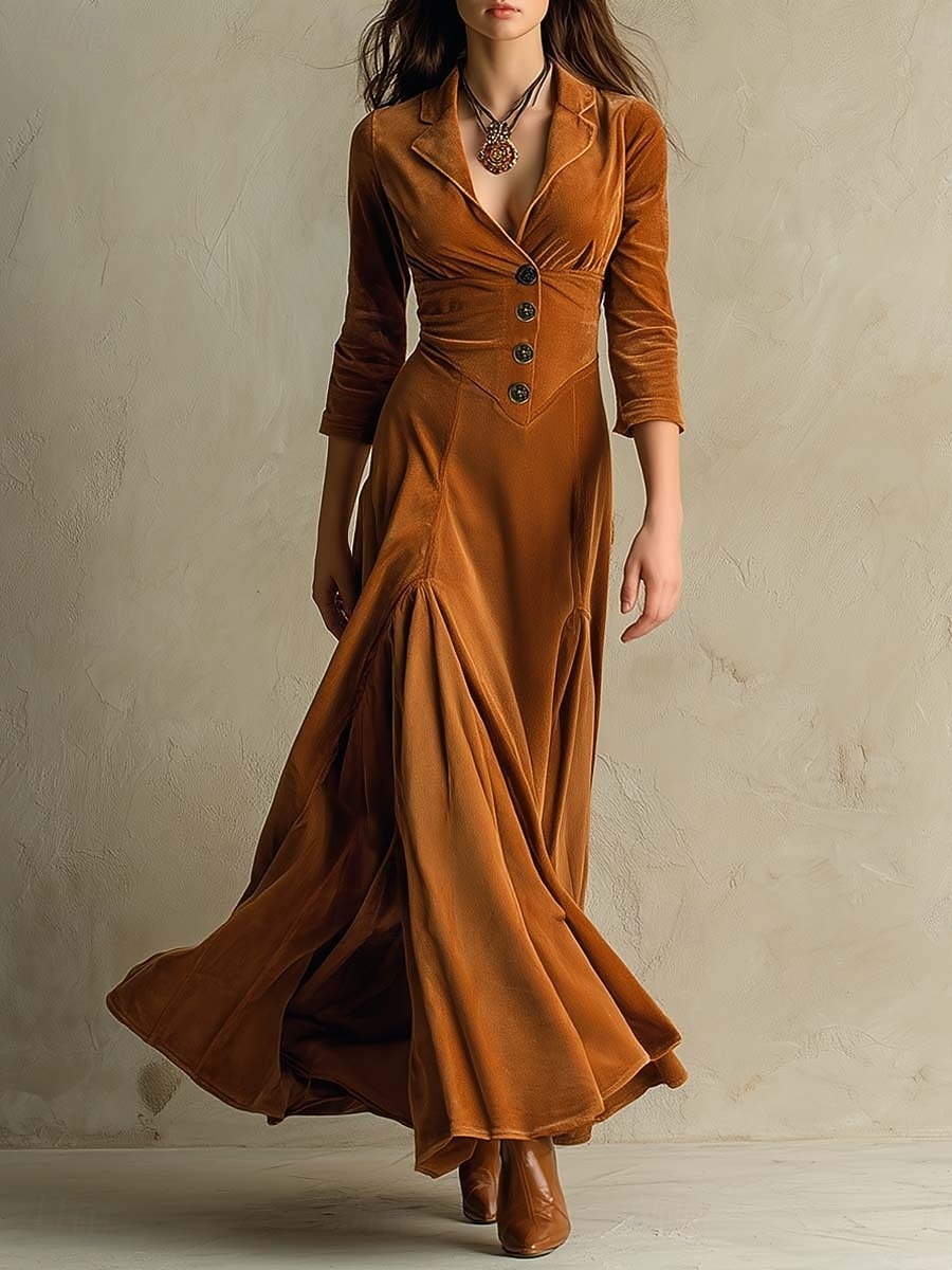Damen Maxikleid A Linie Kleid Lässig Täglich Schlank Einfach Langarm V Ausschnitt Braun Herbst Winter 2025 - $58.99 –P1