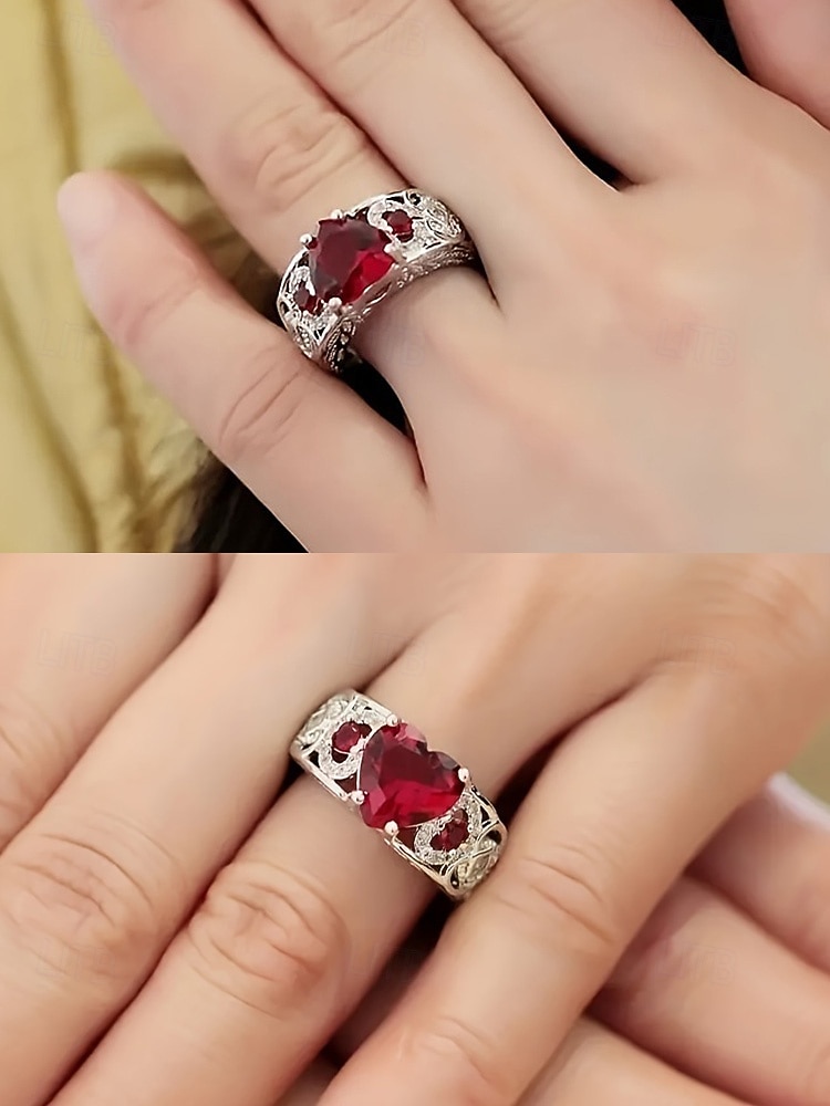 Rode hartvormige edelsteenring voor dames met verzilverde band – elegante sieraden als kerstcadeau en voor feestdagen 2026 - zł21.99 –P5