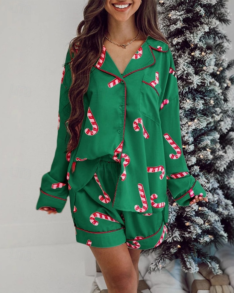 Women's Pajamas Loungewear Pajama Set Casual Pure Color Elastic Waist Shorts Christmas Vacation Home Long Sleeve Shirt Collar Pink Green Fall Winter Loose Fit 2026 - $44.99 –P1