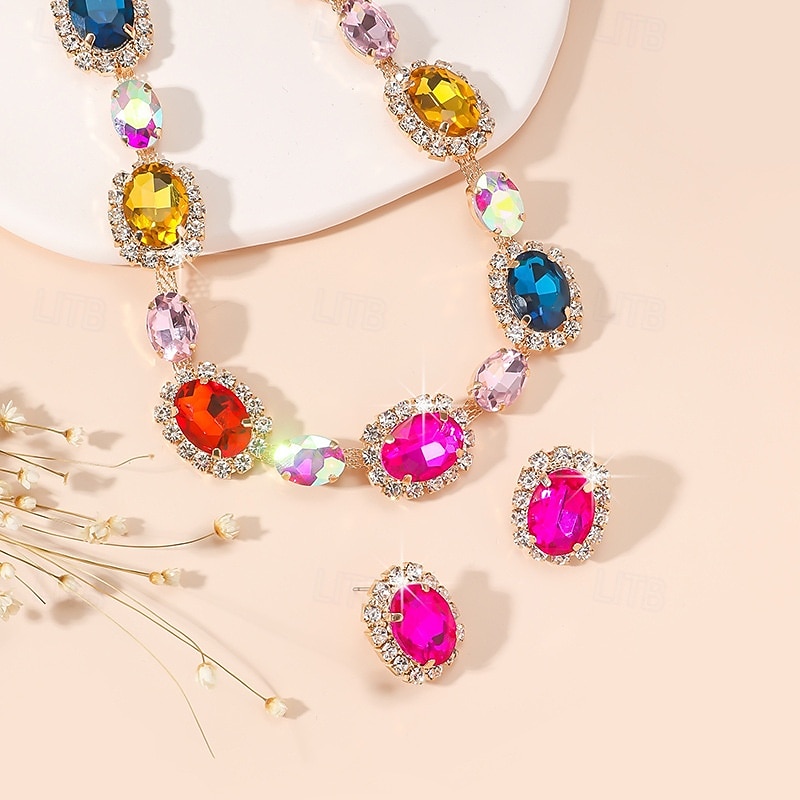 Naisten värikäs kristallikorusetti, kimalteleva strassi kaulakoru ja korvakorusetti juhliin, häihin &iltatilaisuudet, ylelliset asusteet 2025 - $18.99 –P6